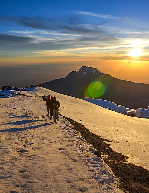 Eine Gruppe von Trekkingreisenden auf der Machame-Route bei Sonnenaufgang